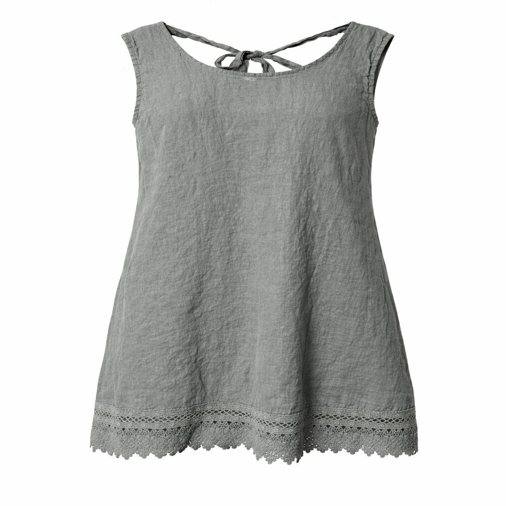 Rosemarie Italy 100% Linen Dress Sage Green Lace Hem Sleeveless Boho Size M